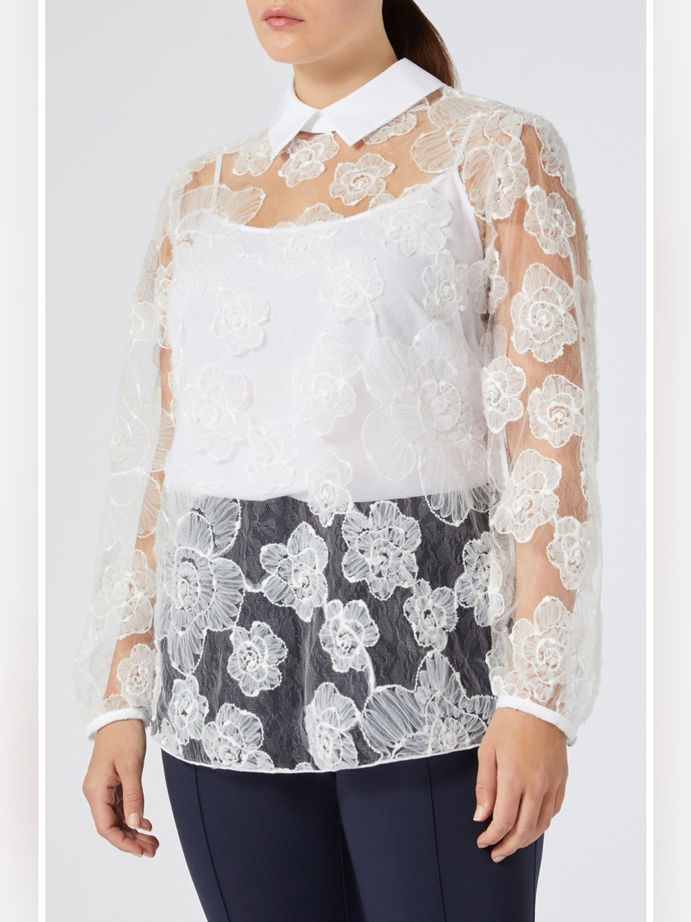 Marina Rinaldi Godezia Embroidered Lace Shirt White Size 18